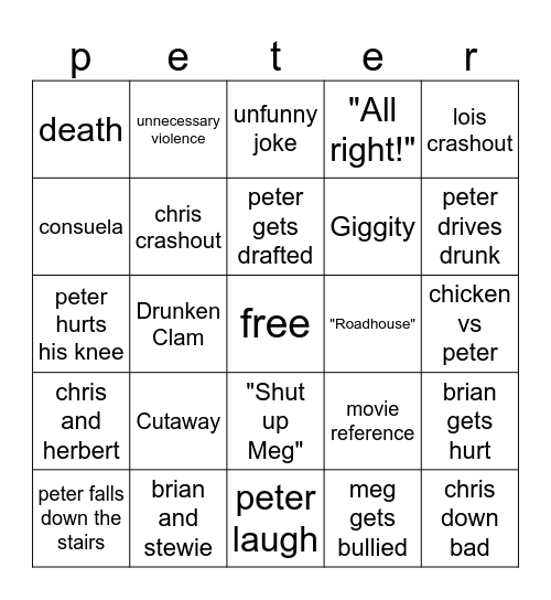family guy Bingo Card