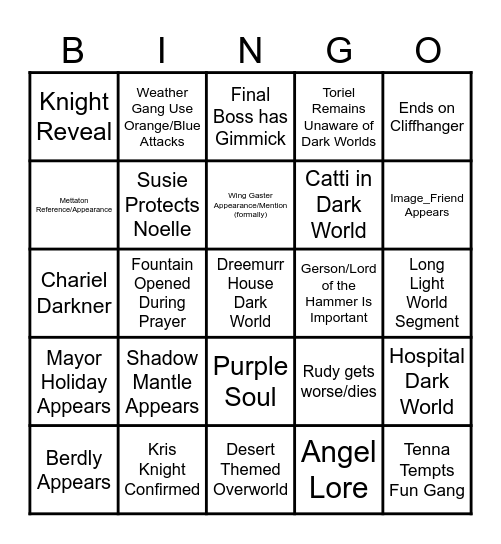 Deltarune Chapters 3 + 4 Predictions Bingo Card