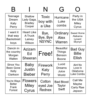 Pop Song Bingo Card