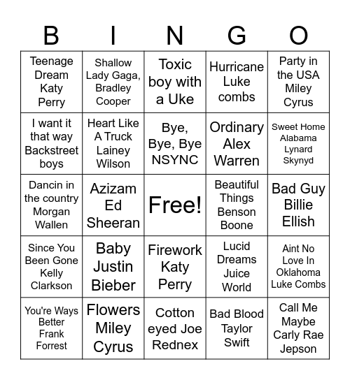 Pop Song Bingo Card