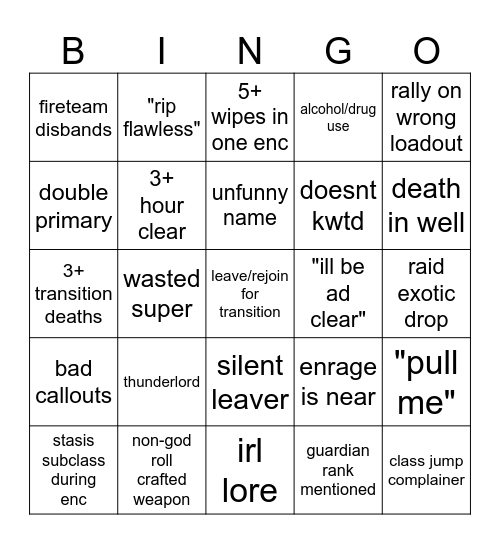 LFG Bingo Card