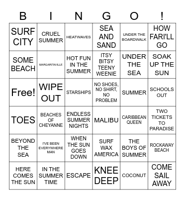 "VACATION" SONGS Bingo Card