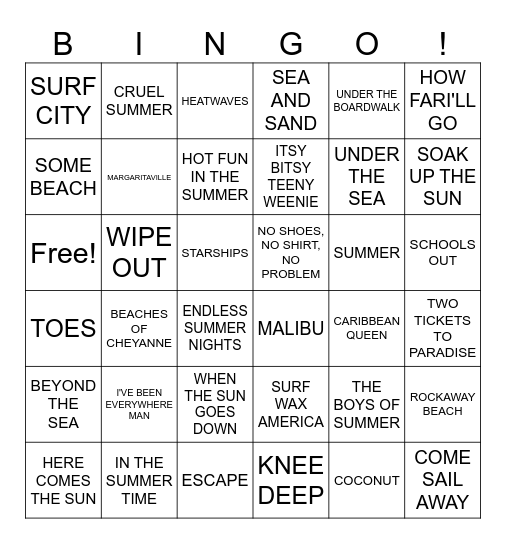 "VACATION" SONGS Bingo Card