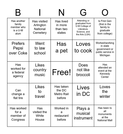 PSIP Welcome Reception Bingo Card