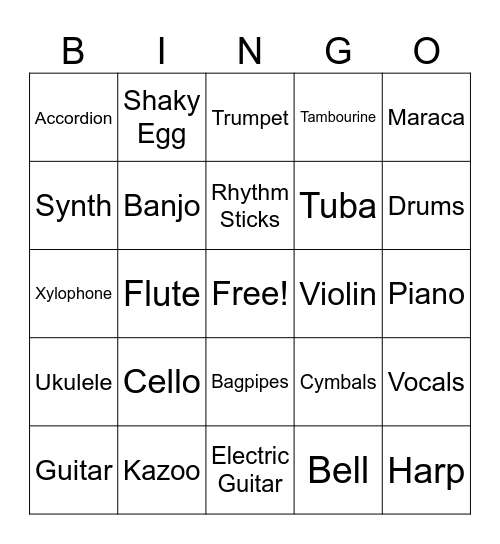 Musical Bingo Card