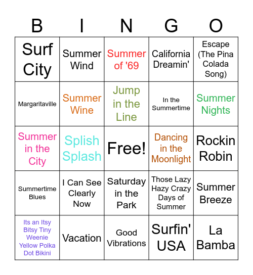 Songs of the Summer Bingo Card