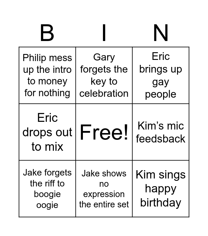 Insession Bingo Card