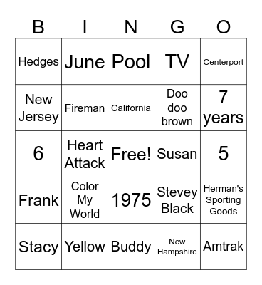 Joe and Kathy's Anniversary BINGO Card
