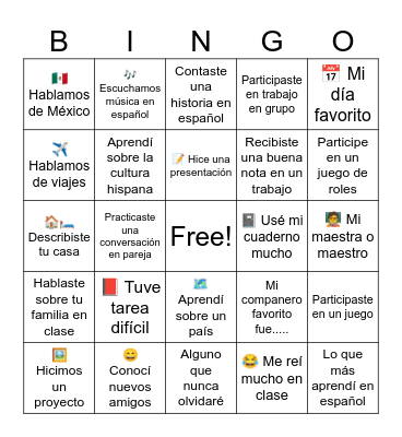 Spanish 1 End of the Year Reflection Bingo Card