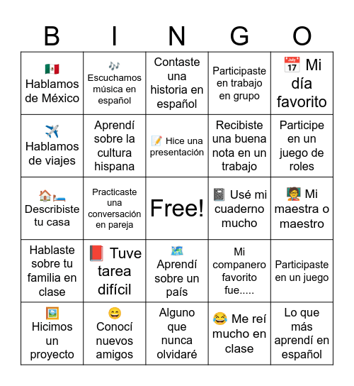 Spanish 1 End of the Year Reflection Bingo Card