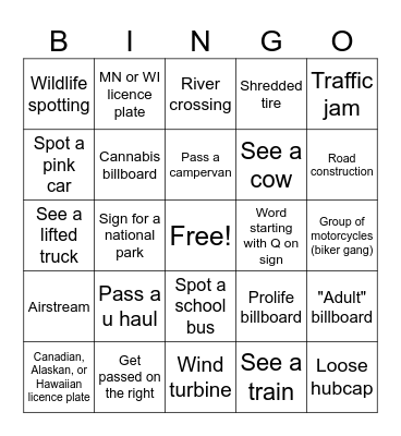 Road trip bingo Card