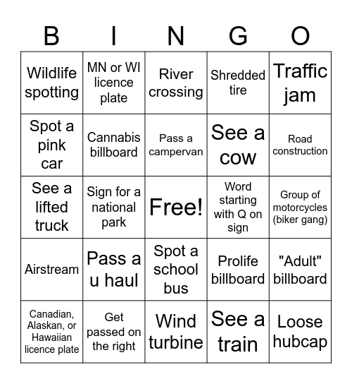 Road trip bingo Card