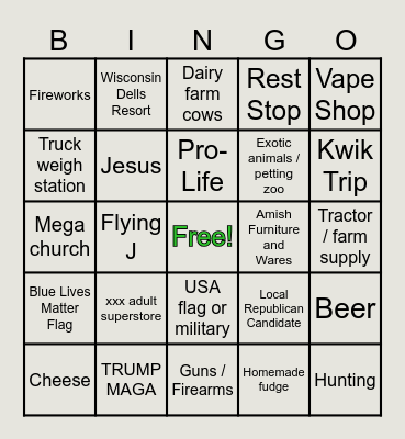 Wisconsin Roadtrip Bingo Card