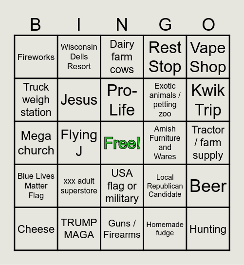 Wisconsin Roadtrip Bingo Card