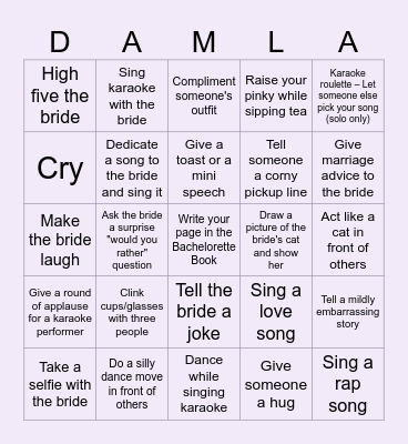 Bachelorette Bingo Card