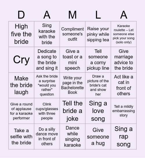 Bachelorette Bingo Card