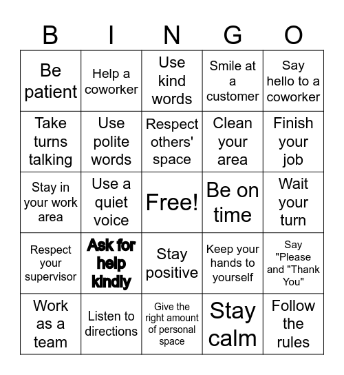 Positive Workplace Behavior Bingo Card