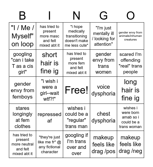 Transmasc Girl / FTX / FTMTF Bingo Card