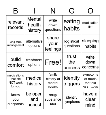 Psych Evaluation questions Bingo Card