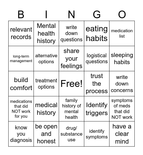 Psych Evaluation questions Bingo Card