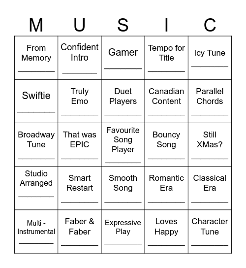 MUSIC RECITAL BINGO Card