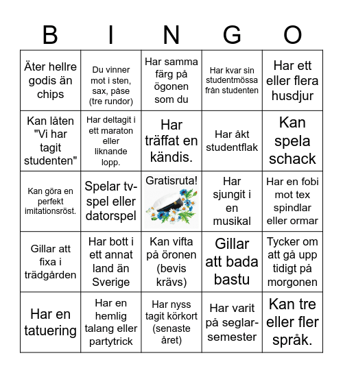 Bobo´s studentbingo, hitta någon som... Bingo Card