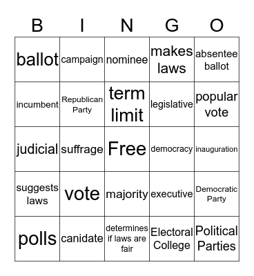 Election Vocabulary Bingo Card