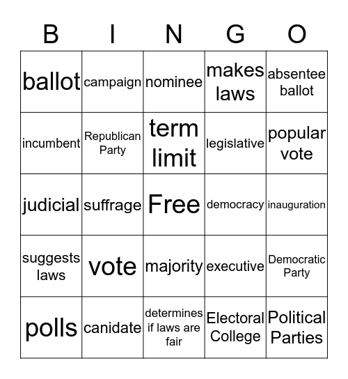 Election Vocabulary Bingo Card
