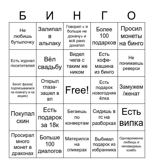 Безымянный Бинго Bingo Card