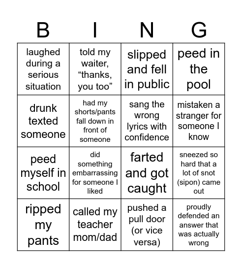 EscapePod: Embarrassing Moments Set Bingo Card