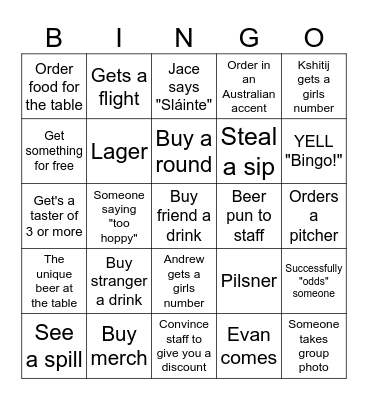 Brent's Birthday Beer Bingo Card