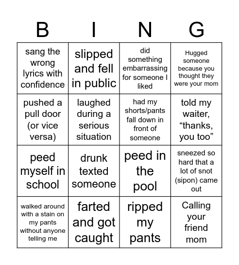 EscapePod: Embarrassing Moments Set Bingo Card