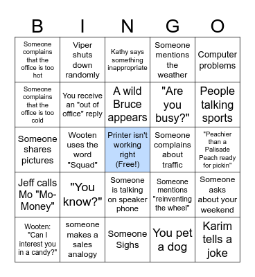 Valiant Work Week Bingo Card