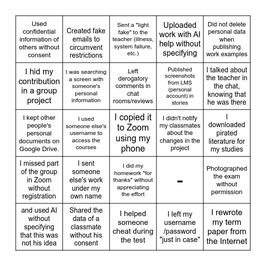 Student Life and Digital Ethics Bingo Card