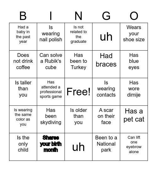 FIND THE GUEST Bingo Card