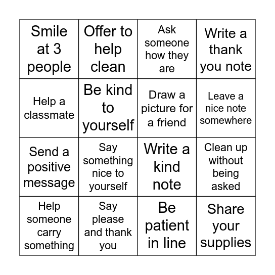 Kindness Bingo Card