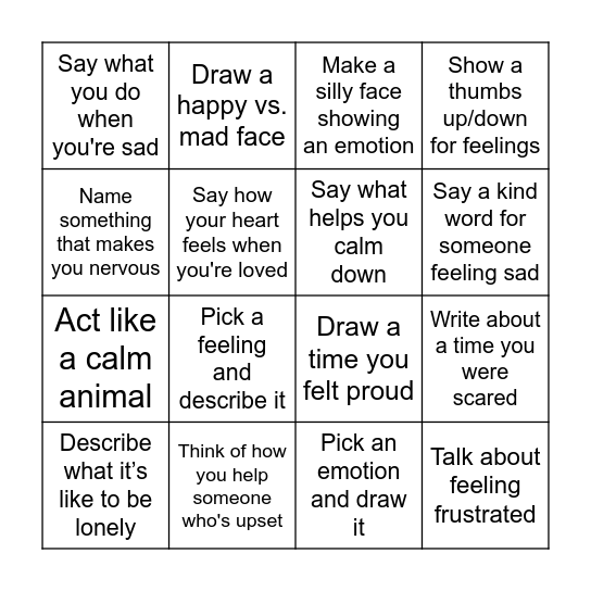 Emotional Awareness Bingo Card