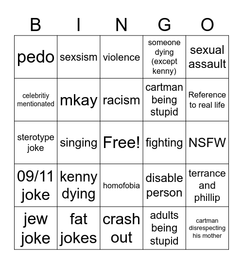 south park Bingo Card
