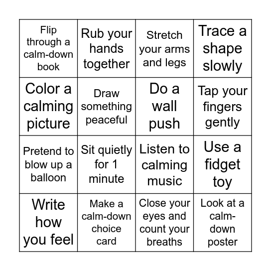 Calm Corner Bingo Card