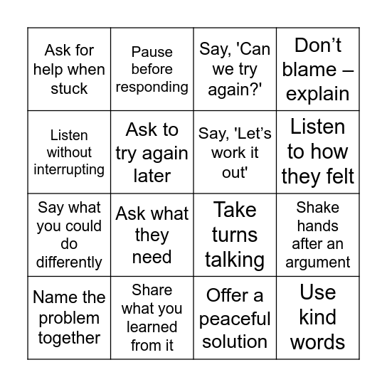 Conflict Resolution Bingo Card