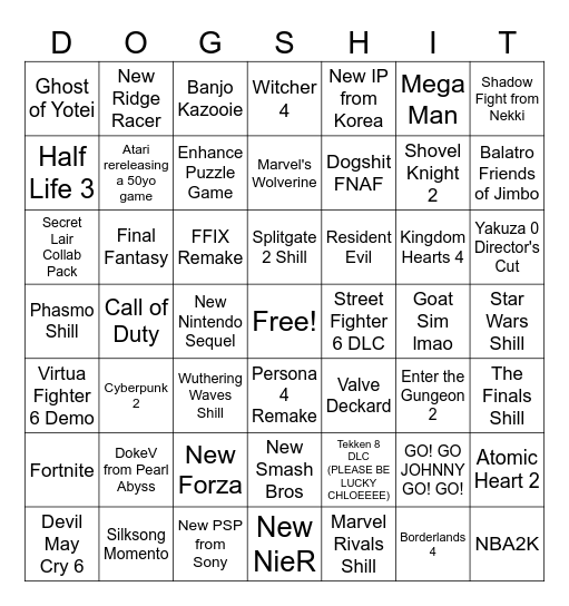 POSSIBLE DOGSHIT GAMES FEST BINGO Card