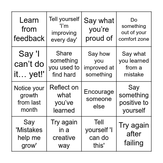 Growth Mindset Bingo Card