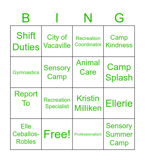 Parks & Recreation Summer Camps Bingo Card
