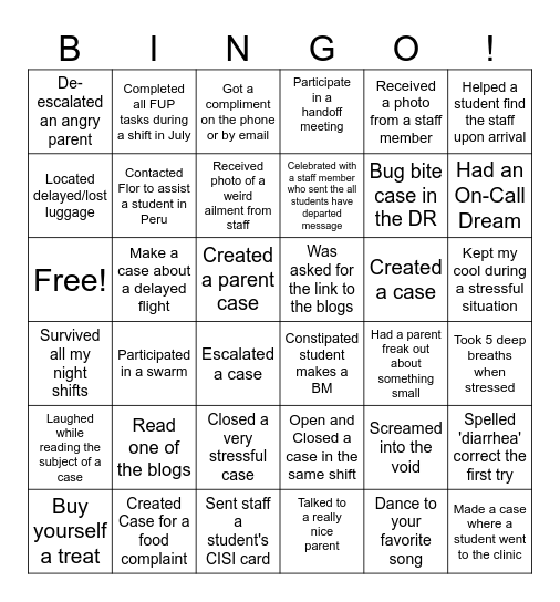 GLA On-Call Bingo Card