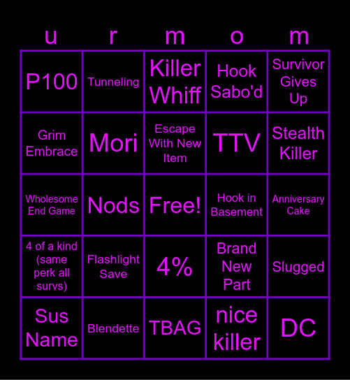 Dead By Daylight Bingo Card