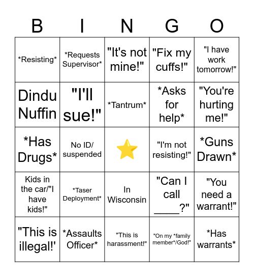 Body Cam Bingo Card
