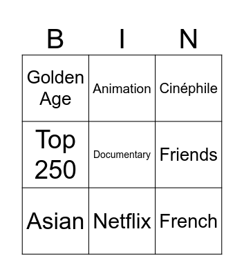 Cinema Bingo Card