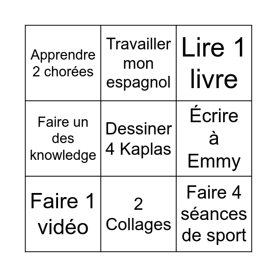 Activités Bingo Card