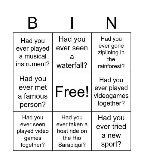 Find someone who had ever... Bingo Card