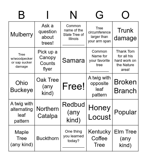 Rutherford Sayre Tree Walk Bingo Card